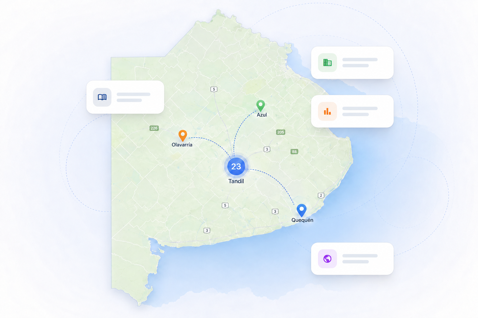 Mapa de la provincia de Buenos Aires con los puntos de extensión relevados en Tandil, Azul, Olavarría y Necochea, y accesos a experiencias, organizaciones, estadísticas e informes territoriales